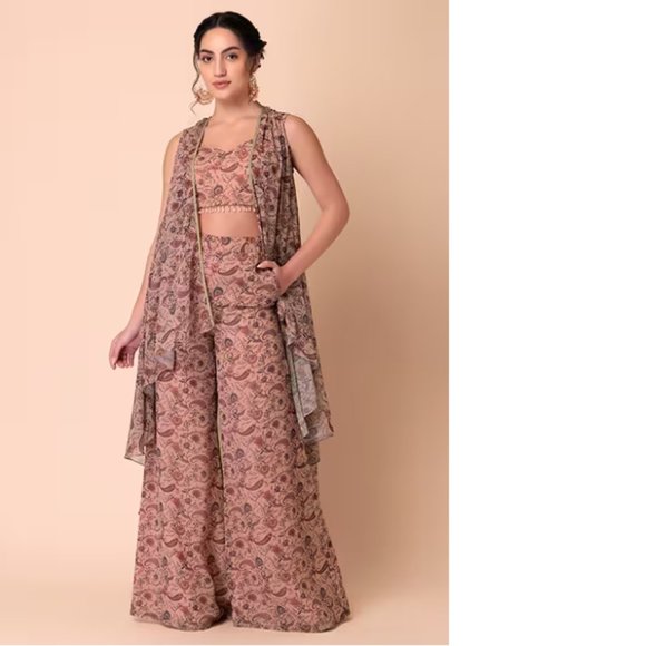 Pastel Pink Printed Asymmetric Hem Jacket With Top And Pants (Set of 3) - Picture 1 of 7
